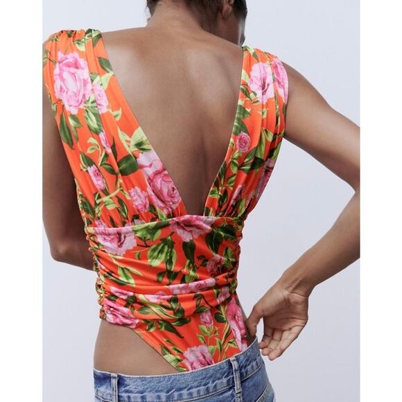 ZARA Floral Plunge Side Ruched Bodysuit Red Small S - Picture 3 of 10